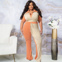 Plus Size Ribbed Contrast Color Two Piece Pants Sets OSIF-22265