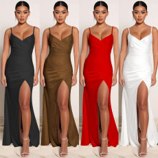 Sexy Solid Spaghetti Strap Split Maxi Evening Dress BY-5728