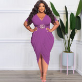 Plus Size Solid V Necl Short Sleeve Midi Dress (Without Belt)OSIF-22288