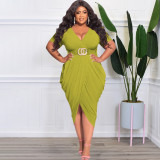 Plus Size Solid V Necl Short Sleeve Midi Dress (Without Belt)OSIF-22288