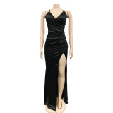 Sexy Solid Spaghetti Strap Split Maxi Evening Dress BY-5728