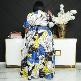 Plus Size Printed Short Sleeve Belted Maxi Dress OSIF-22258