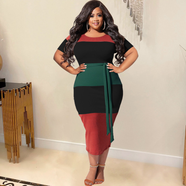 Plus Size Contrast Color Short Sleeve Sashes Slim Dress OSIF-22252