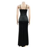 Sexy Solid Spaghetti Strap Split Maxi Evening Dress BY-5728
