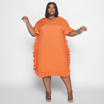 Plus Size Solid Ruffled Short Sleeve Loose Dress NNWF-7506