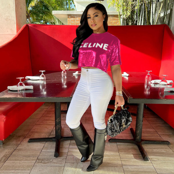 Sexy Sequin Short Sleeve Cropped T-Shirt HNIF-HN081
