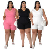 Plus Size Solid V Neck Sleeveless Romper NNWF-7536