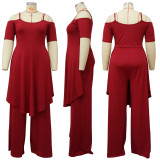 Plus Size Solid Irregular Top And Pants 2 Piece Sets NNWF-7525