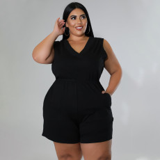 Plus Size Solid V Neck Sleeveless Romper NNWF-7536