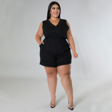 Plus Size Solid V Neck Sleeveless Romper NNWF-7536