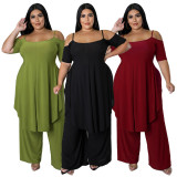 Plus Size Solid Irregular Top And Pants 2 Piece Sets NNWF-7525
