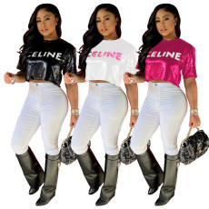 Sexy Sequin Short Sleeve Cropped T-Shirt HNIF-HN081