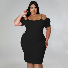 Plus Size Solid Off Shoulder Short Sleeve Bodycon Dress NNWF-7530