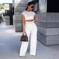 Solid Short Sleeve High Waist Pants 2 Piece Sets CXLF-880