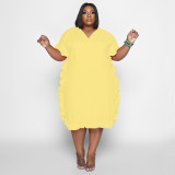 Plus Size Solid Ruffled Short Sleeve Loose Dress NNWF-7506