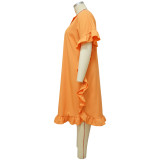 Plus Size Solid Ruffled Short Sleeve Loose Dress NNWF-7506