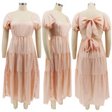 Solid Short Sleeve Bow-Tie Midi Dress HNIF-2170
