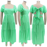 Solid Short Sleeve Bow-Tie Midi Dress HNIF-2170