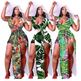 Plus Size Printed Crop Top High Split Maxi Skirt Sets NNWF-7540