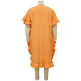 Plus Size Solid Ruffled Short Sleeve Loose Dress NNWF-7506