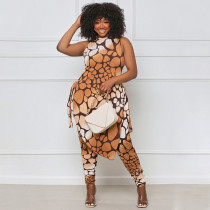 Plus Size Printed Sleeveless Split Top And Pants Sets NNWF-7539