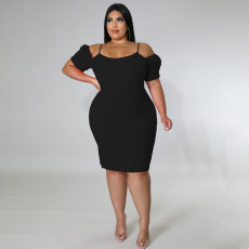 Plus Size Solid Off Shoulder Short Sleeve Bodycon Dress NNWF-7530