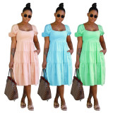 Solid Short Sleeve Bow-Tie Midi Dress HNIF-2170