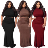 Plus Size Solid Ruched Maxi Skirt Two Piece Sets NNWF-7473