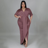 Plus Size V Neck Irregular Short Sleeve Maxi Dress NNWF-7420