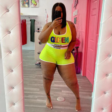 Plus Size QUEEN Letter Print Sleeveless Top Shorts 2 Piece Sets WAF-718168