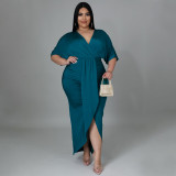 Plus Size V Neck Irregular Short Sleeve Maxi Dress NNWF-7420
