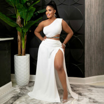 Plus Size One Shoulder High Split Skirt 2 Piece Sets (Without Chain)NNWF-7480
