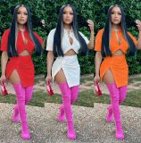 Solid Buttons Crop Top+Split Mini Skirt 2 Piece Sets HMS-5547