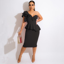 Sexy One Shoulder Ruffle Slim Midi Skirts Two Piece Sets MEI-9263