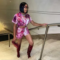 Casual Printed Short Sleeve Shirt Shorts Two Piece Set XEF-11569