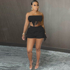 Solid Color Sexy Tassel Wrap Chest Shorts Two Piece Sets OY-6359
