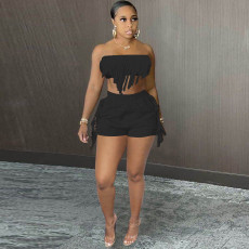 Solid Color Sexy Tassel Wrap Chest Shorts Two Piece Sets OY-6359