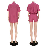 Casual Solid Short Sleeve Shirt Shorts Two Piece Set ASL-6578 