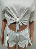 Solid Color Split Lace Up Short Sleeve Shorts Two Piece Sets MEM-88441