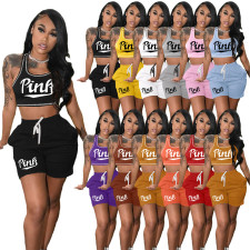 Casual Sports PINK Letter Print Vest Shorts 2 Piece Sets TK-6242