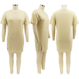 Solid Color Round Neck Hem Slit Short Sleeve Fashion Dress SFY-2173
