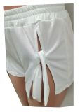 Solid Color Split Lace Up Short Sleeve Shorts Two Piece Sets MEM-88441