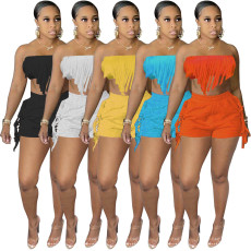 Solid Color Sexy Tassel Wrap Chest Shorts Two Piece Sets OY-6359