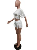 Solid Color Split Lace Up Short Sleeve Shorts Two Piece Sets MEM-88441