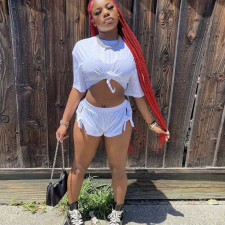 Solid Color Split Lace Up Short Sleeve Shorts Two Piece Sets MEM-88441