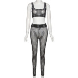 Sexy Printed Mesh See Through Tank Top And Pants 2 Piece Sets XEF-10381