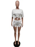 Solid Color Split Lace Up Short Sleeve Shorts Two Piece Sets MEM-88441