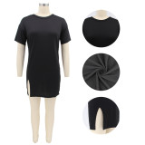 Solid Color Round Neck Hem Slit Short Sleeve Fashion Dress SFY-2173