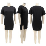 Solid Color Round Neck Hem Slit Short Sleeve Fashion Dress SFY-2173