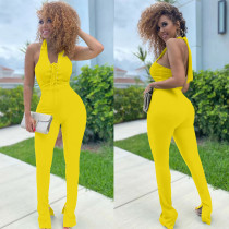 Plus Size Solid Halter Lace-Up Split Jumpsuit HM-6617
